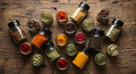 A vibrant assortment of aromatic spices and herbs, artfully arranged in glass jars on a rustic wooden table, ready to infuse global flavors into diverse culinary creations