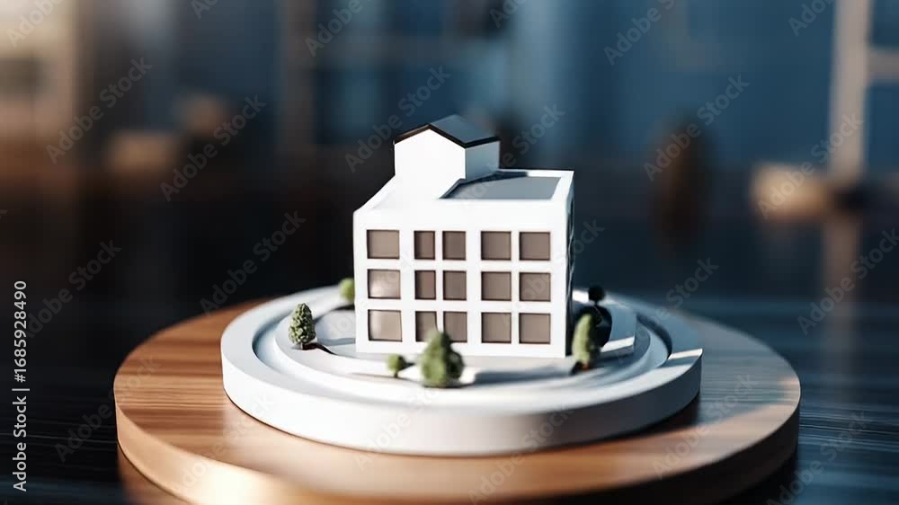 Poster miniature building model displayed on round platform