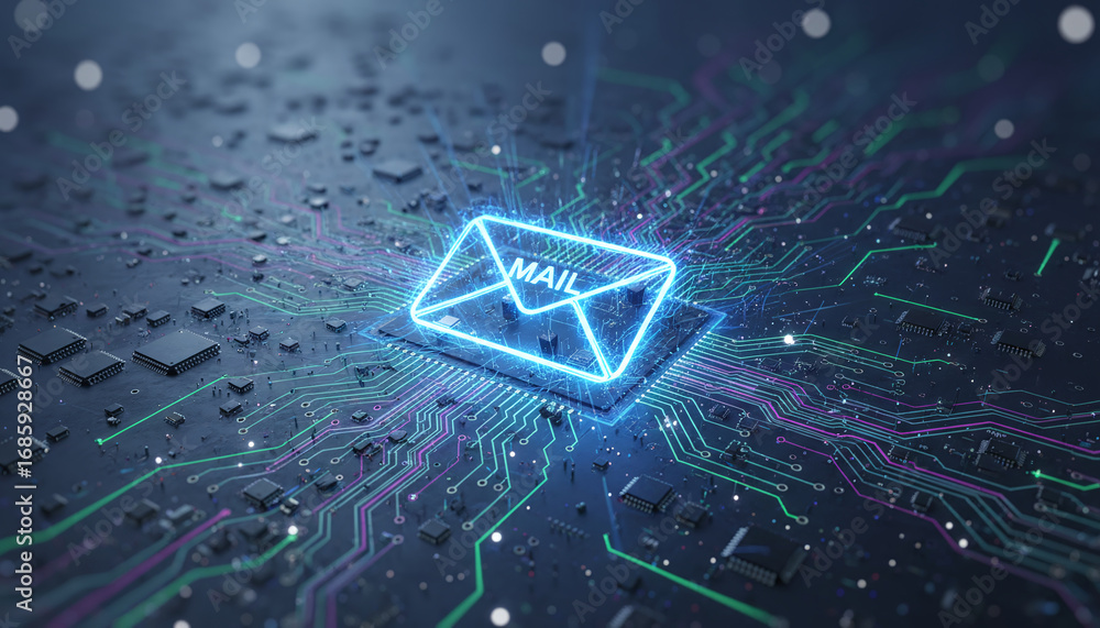 Poster high-tech glowing envelope email interface in dark background, digital security access panel, sci-fi