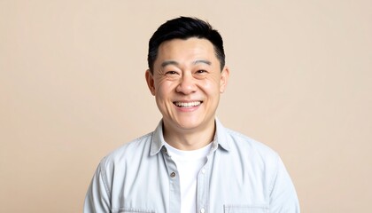 A portrait of a smiling man with dark hair in a light gray shirt against a beige backdrop
