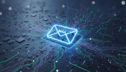 high-tech glowing envelope email interface in dark background, digital security access panel, sci-fi design