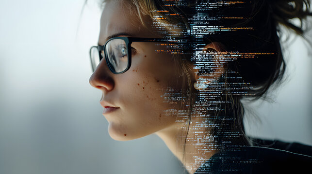 Female IT specialist learns to analyze code and datatechnology, cyber security impact of artificial inteligence augmented reality,side profile, copy space. I generation