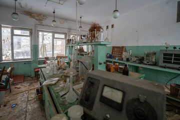 Old Ruined Abandoned Agricultural Farming and Animal Research Laboratory with Equipment
