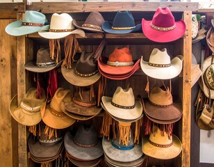 Colorful cowboy hats on wooden shelves
