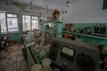 Old Ruined Abandoned Agricultural Farming and Animal Research Laboratory with Equipment