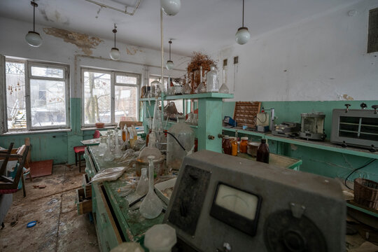 Old Ruined Abandoned Agricultural Farming and Animal Research Laboratory with Equipment