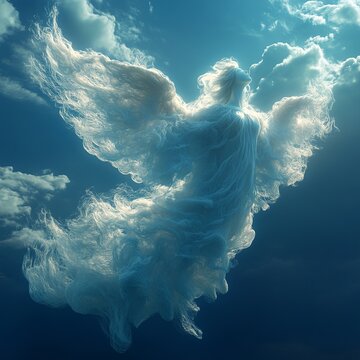 Realistic cloud resembling a majestic angel silhouette in a deep blue sky, with scattered light, detailed puffy structure, and calm atmosphere.