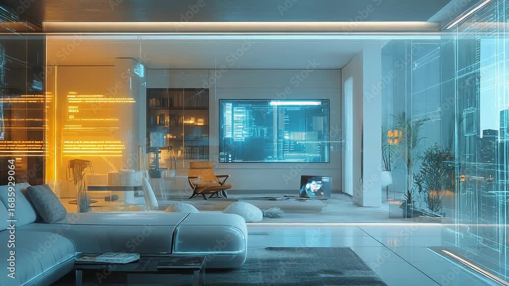 Poster futuristic smart home showing augmented reality interface and data visualization