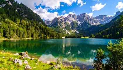 Scenic alpine lake reflecting mountains