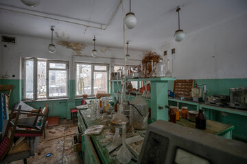 Old Ruined Abandoned Agricultural Farming and Animal Research Laboratory with Equipment