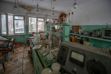 Old Ruined Abandoned Agricultural Farming and Animal Research Laboratory with Equipment