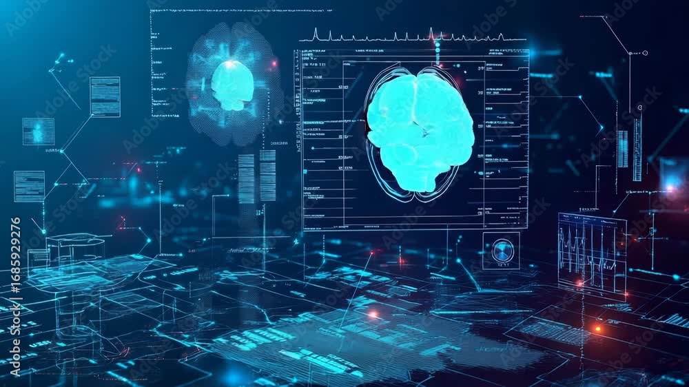 Poster futuristic interface showing brain scan and medical data analysis