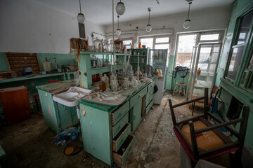 Old Ruined Abandoned Agricultural Farming and Animal Research Laboratory with Equipment