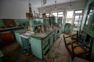 Old Ruined Abandoned Agricultural Farming and Animal Research Laboratory with Equipment
