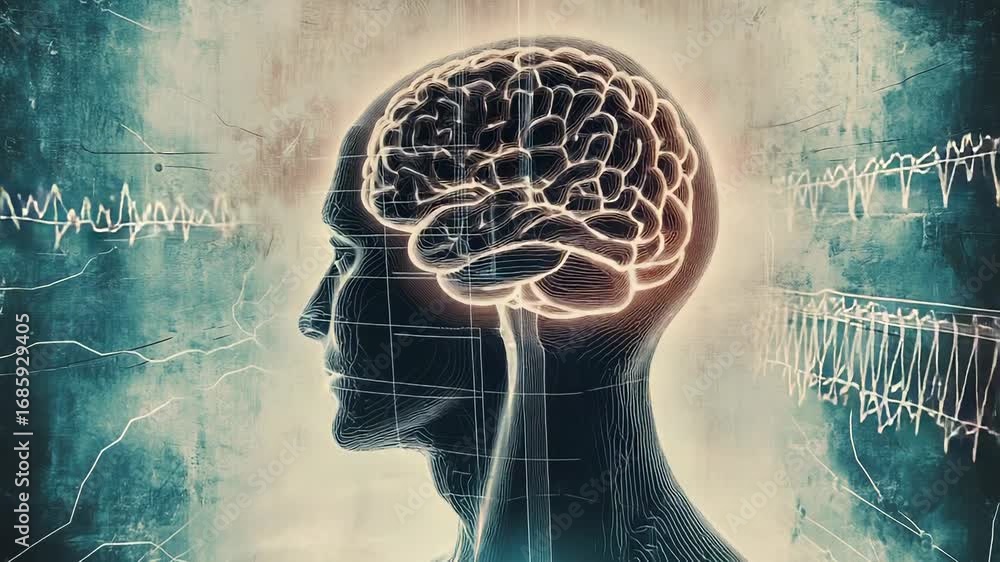 Poster human brain showing activity and neural connections in profile view