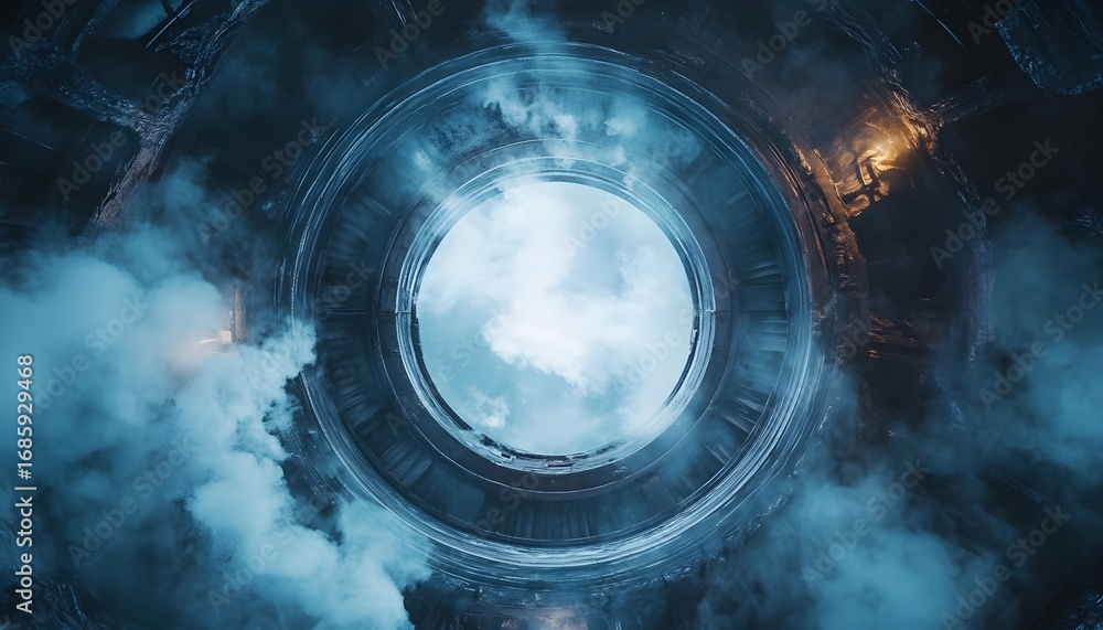 Poster view looking up from a circular structure surrounded by swirling clouds, showcasing a mystical atmos
