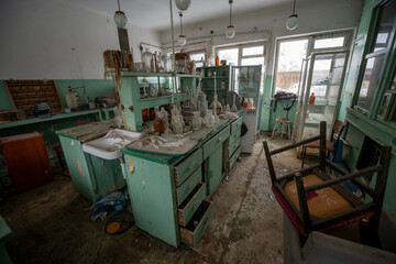 Old Ruined Abandoned Agricultural Farming and Animal Research Laboratory with Equipment