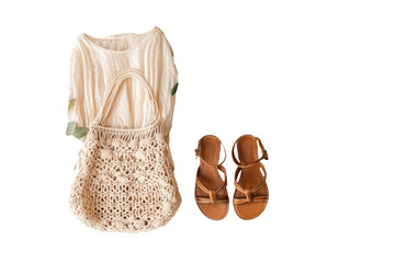 Cream-colored, crocheted bag, flowing top, and sandals