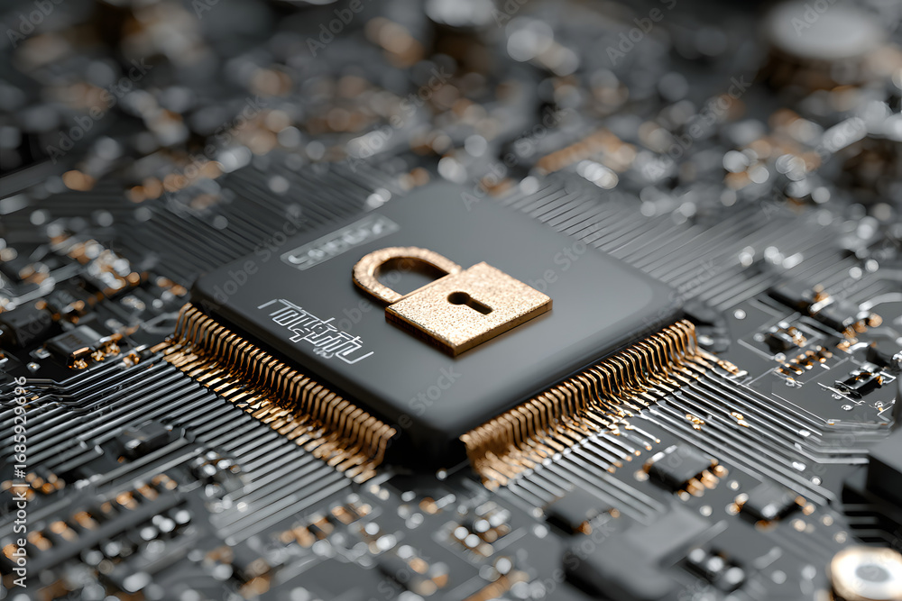 Poster strong data encryption and hardware security are repesented by a microchip wit a padlock icon on it.