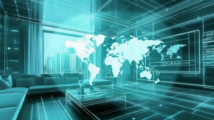 Futuristic living room with digital interfaces