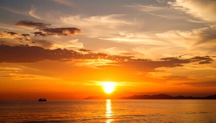 Naklejka premium A vibrant sunset casts a golden glow over tranquil water, silhouetting land and clouds