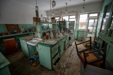 Old Ruined Abandoned Agricultural Farming and Animal Research Laboratory with Equipment