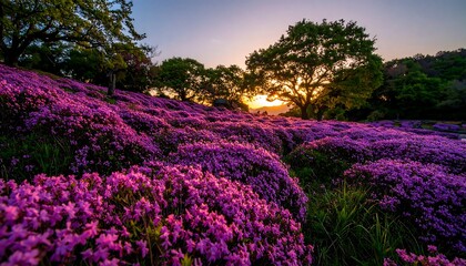 Lush purple flowers at sunset