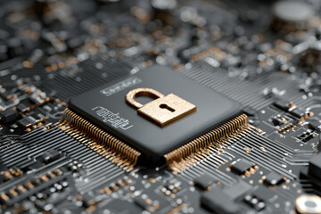 Strong data encryption and hardware security are repesented by a microchip wit a padlock icon on it.