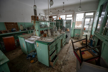 Old Ruined Abandoned Agricultural Farming and Animal Research Laboratory with Equipment