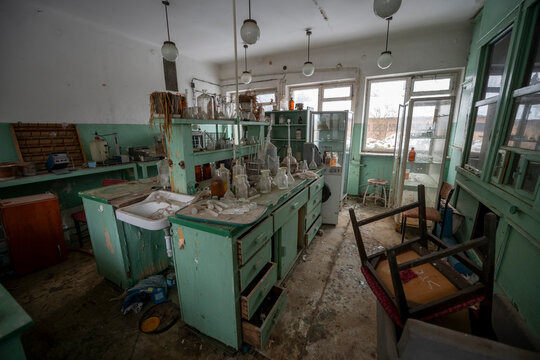 Old Ruined Abandoned Agricultural Farming and Animal Research Laboratory with Equipment