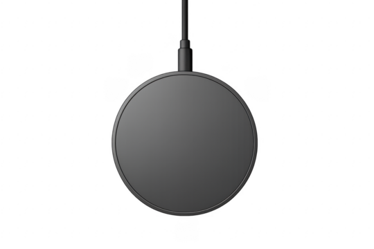 Black Wireless Charger Pad Hanging with Cable on Transparent Background