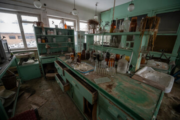 Old Ruined Abandoned Agricultural Farming and Animal Research Laboratory with Equipment