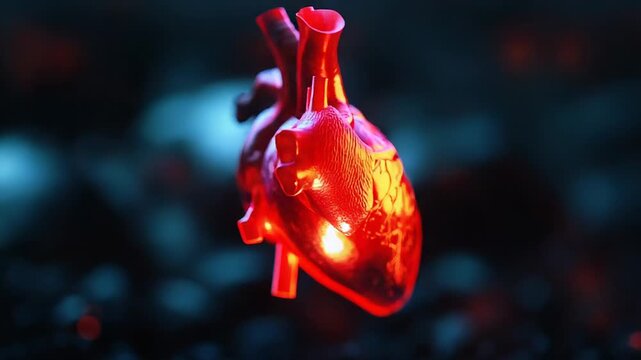 Glowing red human heart beating in a dark background