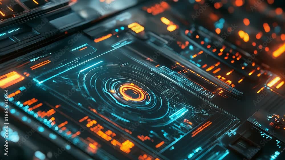 Poster futuristic interface showing complex data analysis and processing