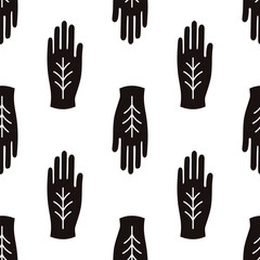 Vector seamless pattern with mystical black hands and leaf ornament isolated on white background. Magical print for textile, wrapping, and stylish decor. Halloween seamless pattern.
