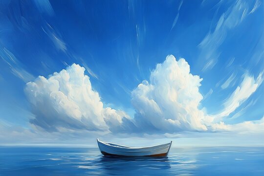 Realistic cloud in the shape of a sailing boat under a vibrant blue sky, with sunlight highlighting edges, gentle shadows, and peaceful mood.