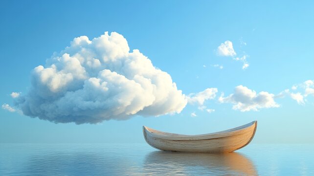 Realistic cloud in the shape of a sailing boat under a vibrant blue sky, with sunlight highlighting edges, gentle shadows, and peaceful mood.
