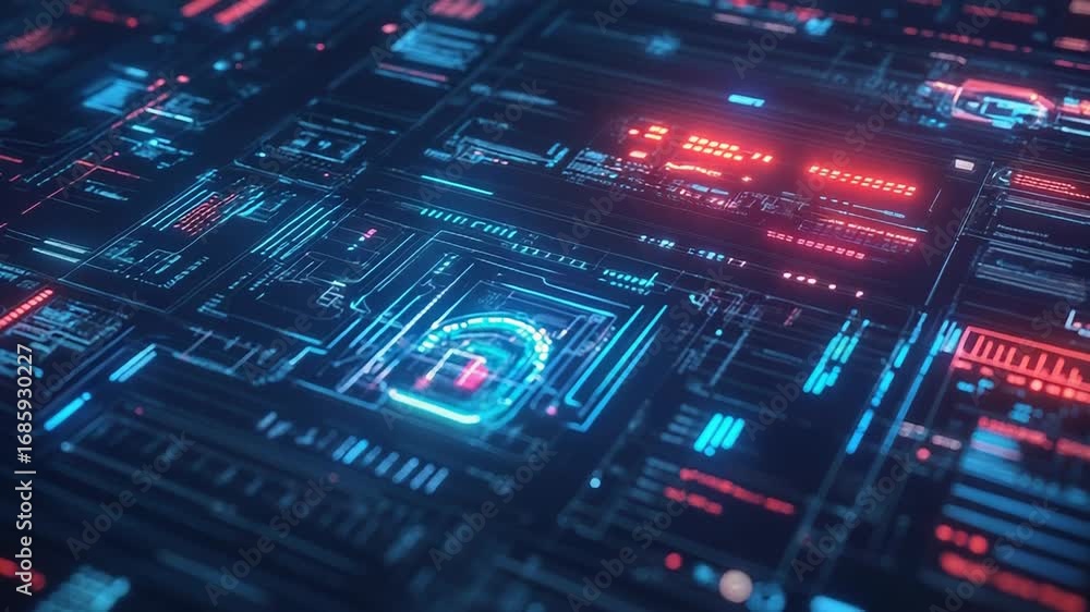 Poster futuristic interface showing padlock icon during system scan process