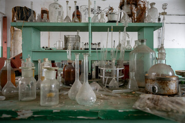 Old Ruined Abandoned Agricultural Farming and Animal Research Laboratory with Equipment
