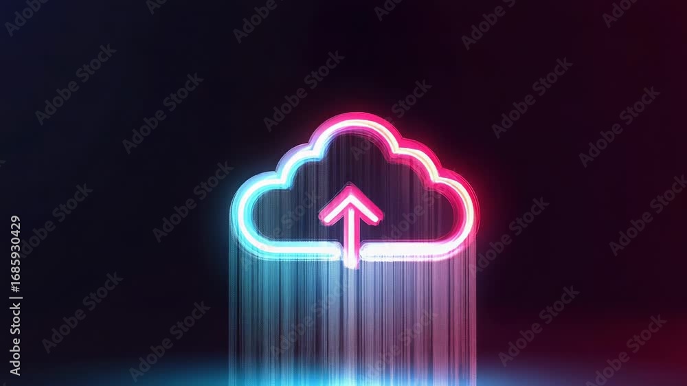 Poster neon cloud computing upload symbol glowing in dark room