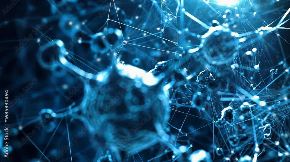 Poster microscopic view of virus cells creating complex network connections