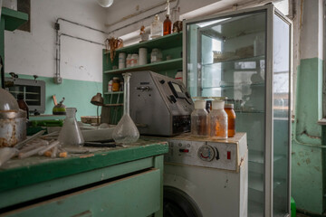 Old Ruined Abandoned Agricultural Farming and Animal Research Laboratory with Equipment