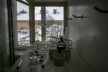 Old Ruined Abandoned Agricultural Farming and Animal Research Laboratory with Equipment