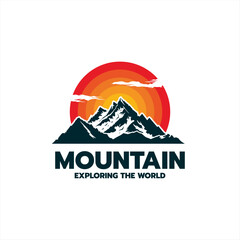Minimalistic circular mountain logo icon design template with mountain peak and sunset
