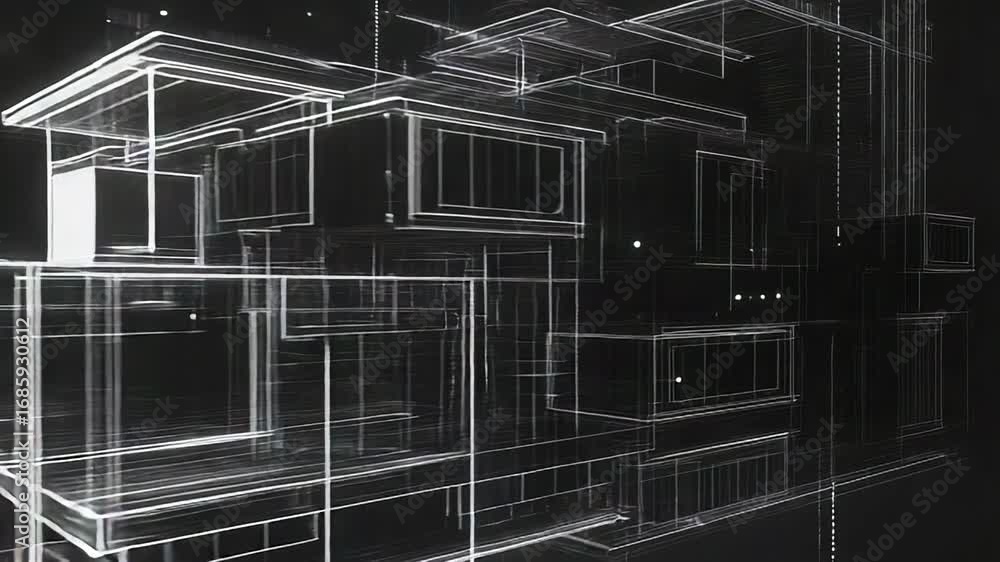 Poster futuristic wireframe building emerging from digital data stream