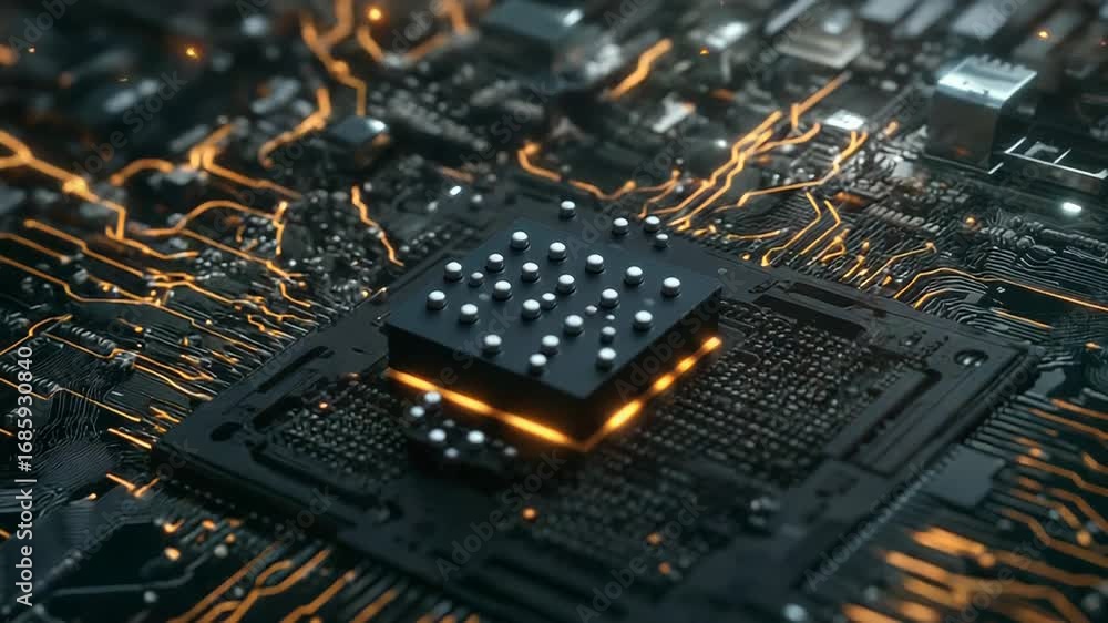 Poster quantum processor exploding with energy on motherboard