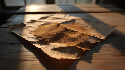 Old crumpled paper texture on wooden table with sunlight and shadow