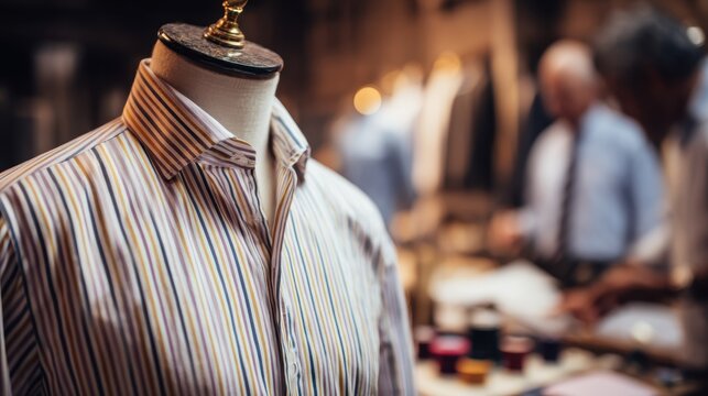 Tailor adjusting a fitted custom shirt with personalized stripes on a mannequin sharp focus on the garment and blurred atelier environment behind. - Powered by Adobe