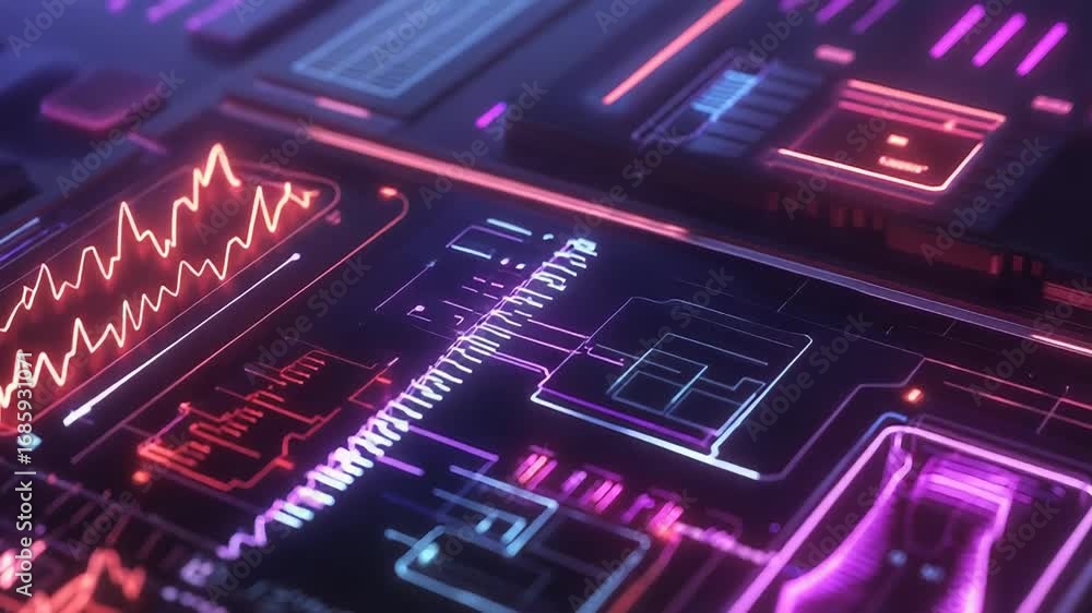 Poster futuristic interface displaying complex data and body scan in neon colors