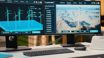 Software interface on PC used for planning wind farm layouts, determining optimal turbine...